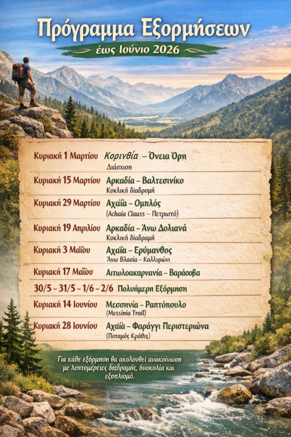 ΟΡΕΙΒΑΤΙΚΟΣ ΣΥΛΛΟΓΟΣ ΠΥΡΓΟΥ - Πρόγραμμα εξορμήσεων έως Ιούνιο 2026